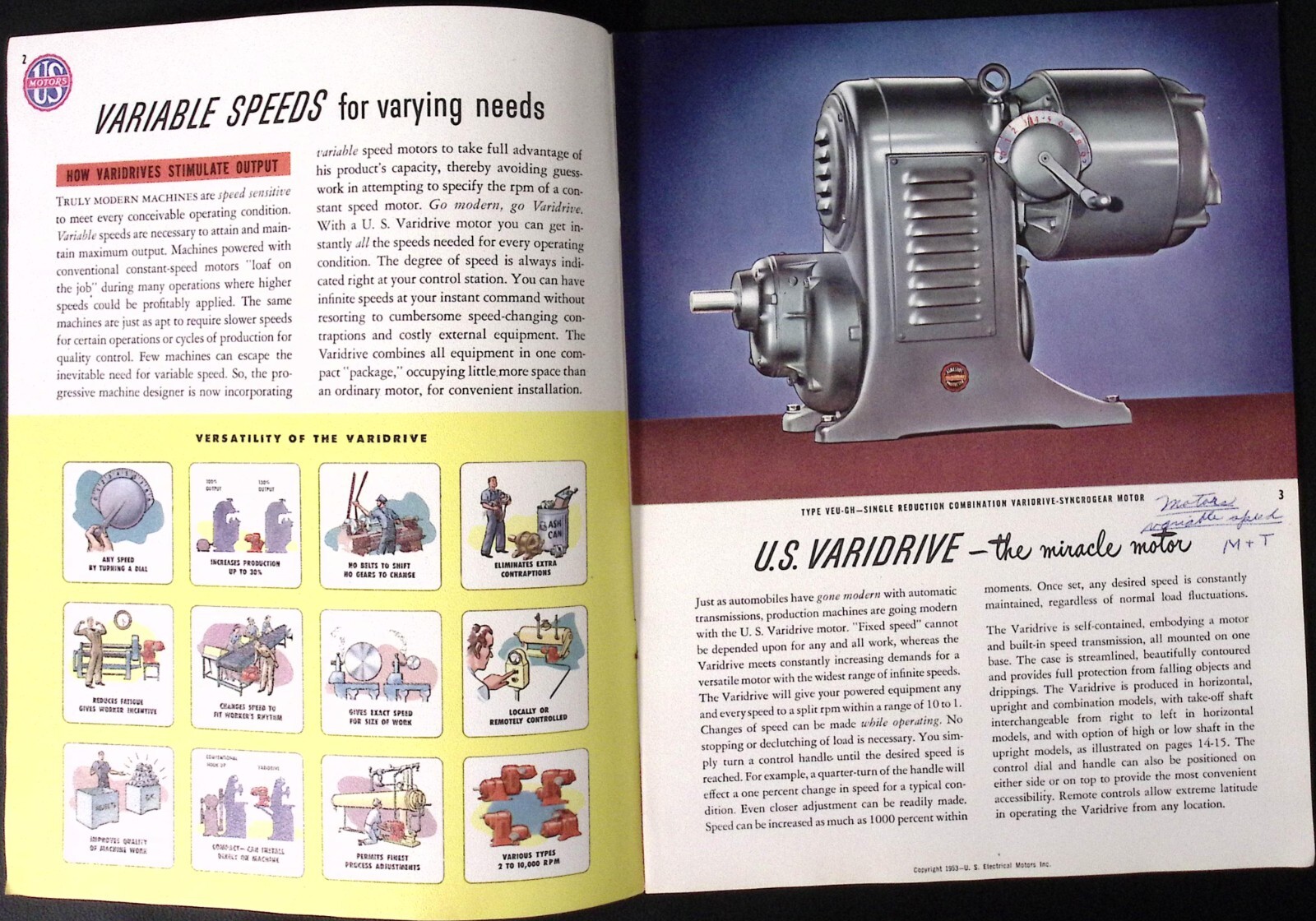 1953 US Varidrive The Miracle Motor Brochure US Electrical Motors Inc