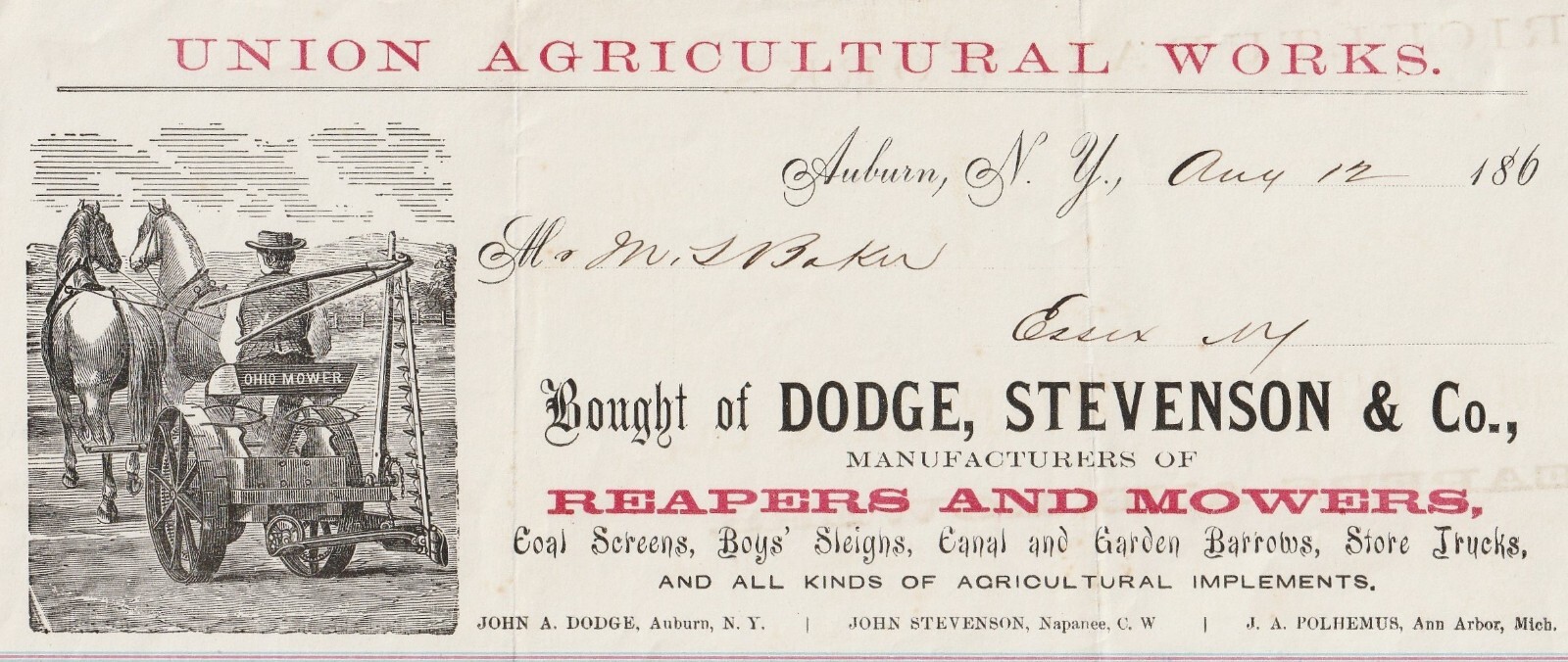 RARE Billhead – Union Agricultural – Dodge Reaper Ohio Mower – 1860 Auburn NY