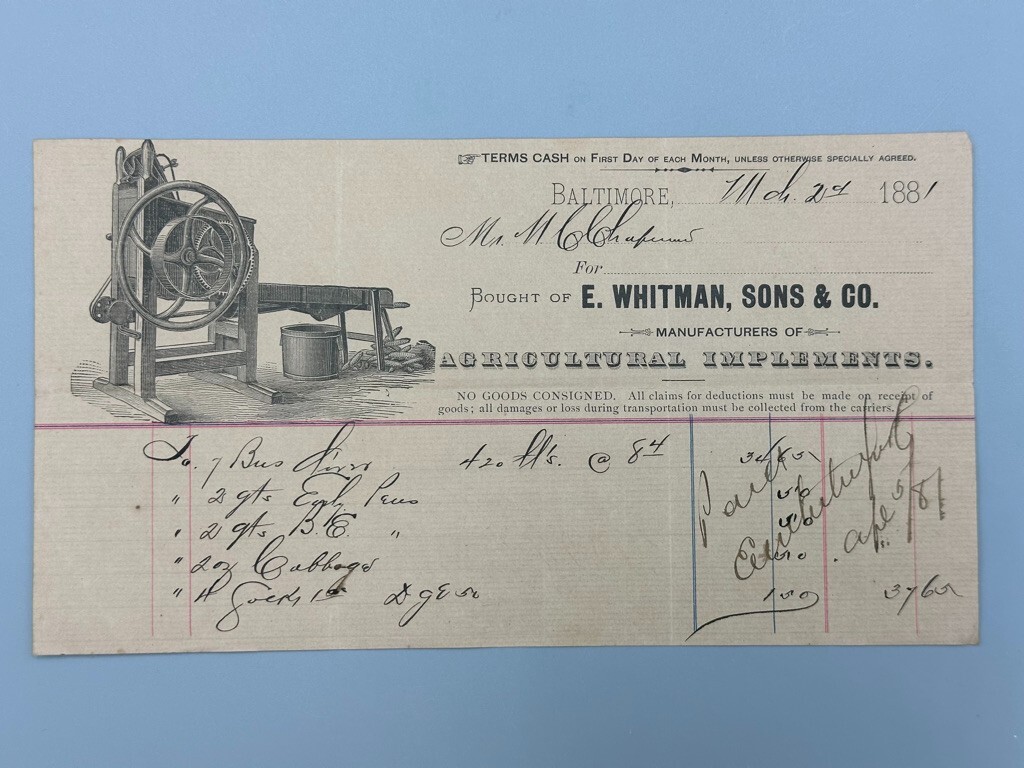 1881 WHITMAN Illustrated FARM MACHINERY Corn ADVERTISING Billhead BALTIMORE