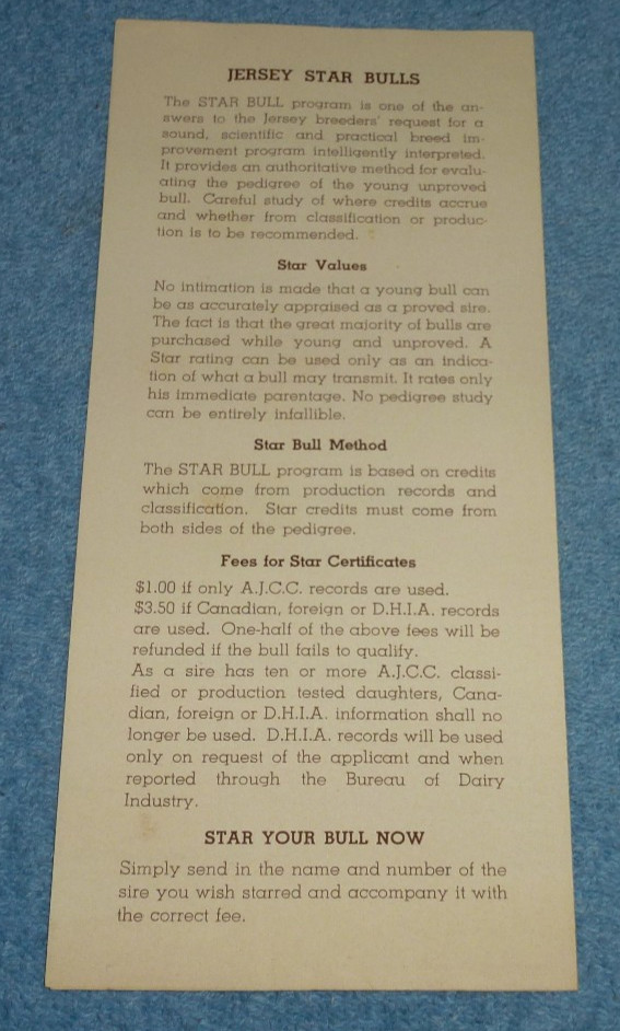 Vintage American Jersey Cattle Club Brochure Jersey Star Bull Award Program