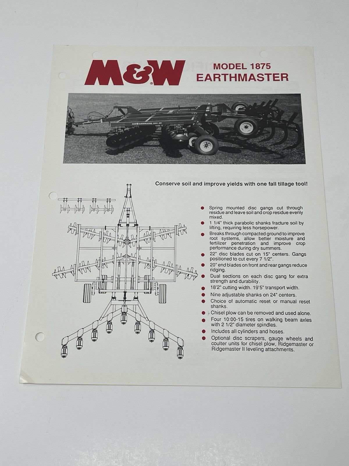 M&W Earthmaster Model 1875 General Specifications Dealer Sales Brochure