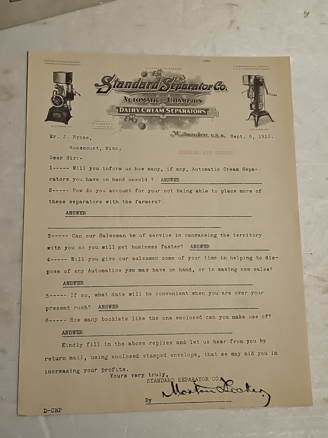 Vintage 1912 Standard Separator Company Letter Head