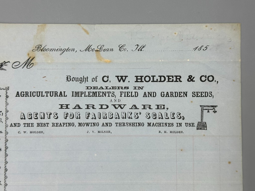 1855 CW Holder FARM Machinery IMPLEMENTS Advertising Ephemera BLOOMINGTON IL