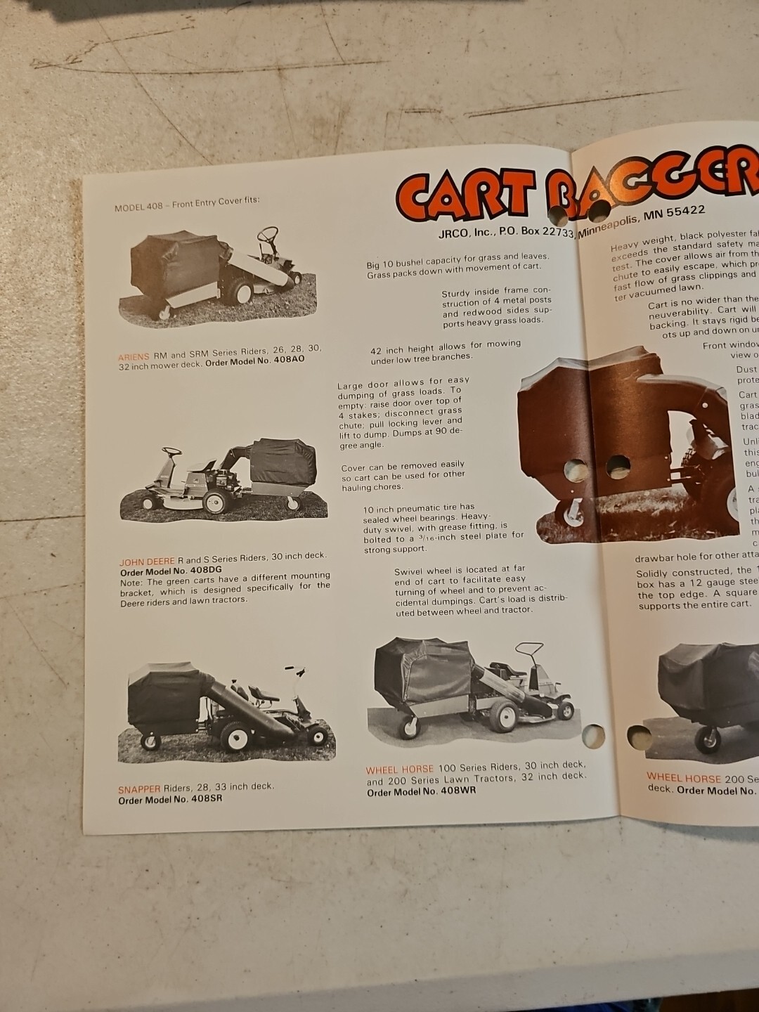 VINTAGE 1985 JRCO CART BAGGER GRASS COLLECTOR SALES BROCHURE