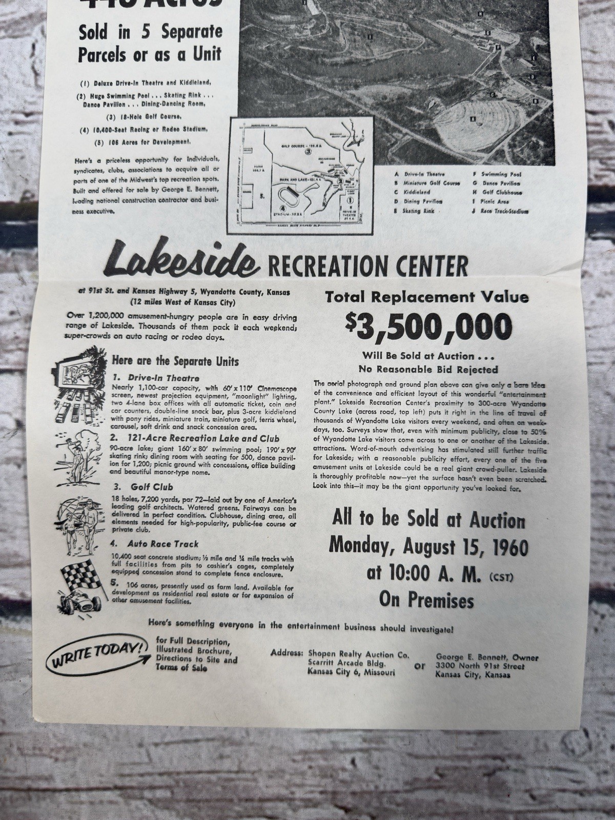 VTG Lakeside Recreation Center Amusement Kansas Public Auction Sale Sign Flyer
