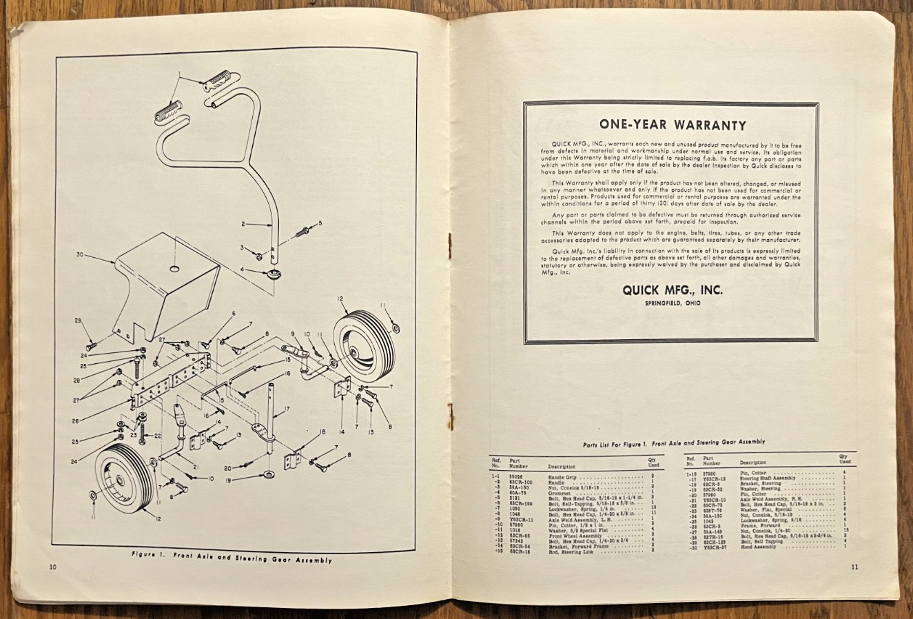 Springfield 1964 Riding Lawn Mower 64CR instruction/parts manual Quick Mfg Co