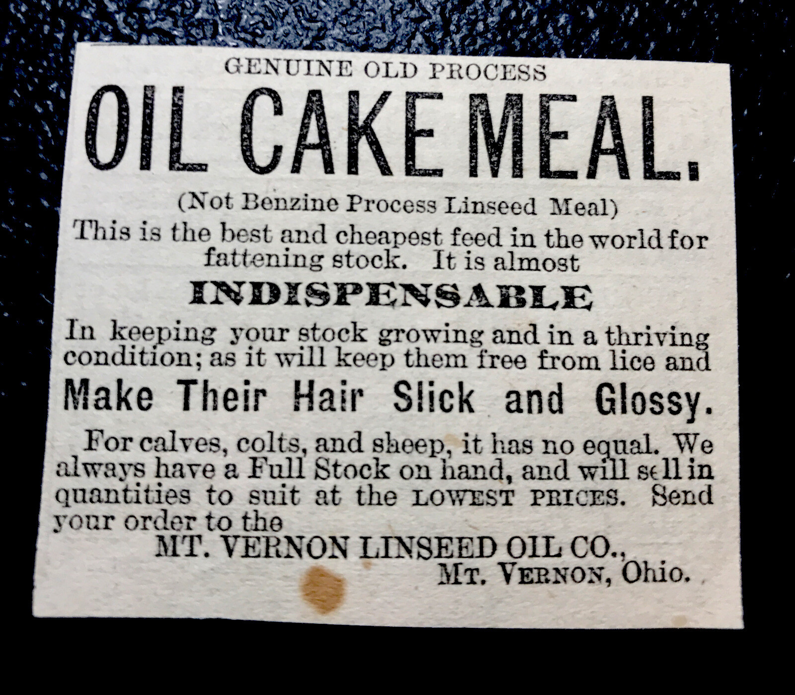 1886 Mt. Vernon Linseed Oil Co. Oil Cake Meal Farm Advertising – Ohio
