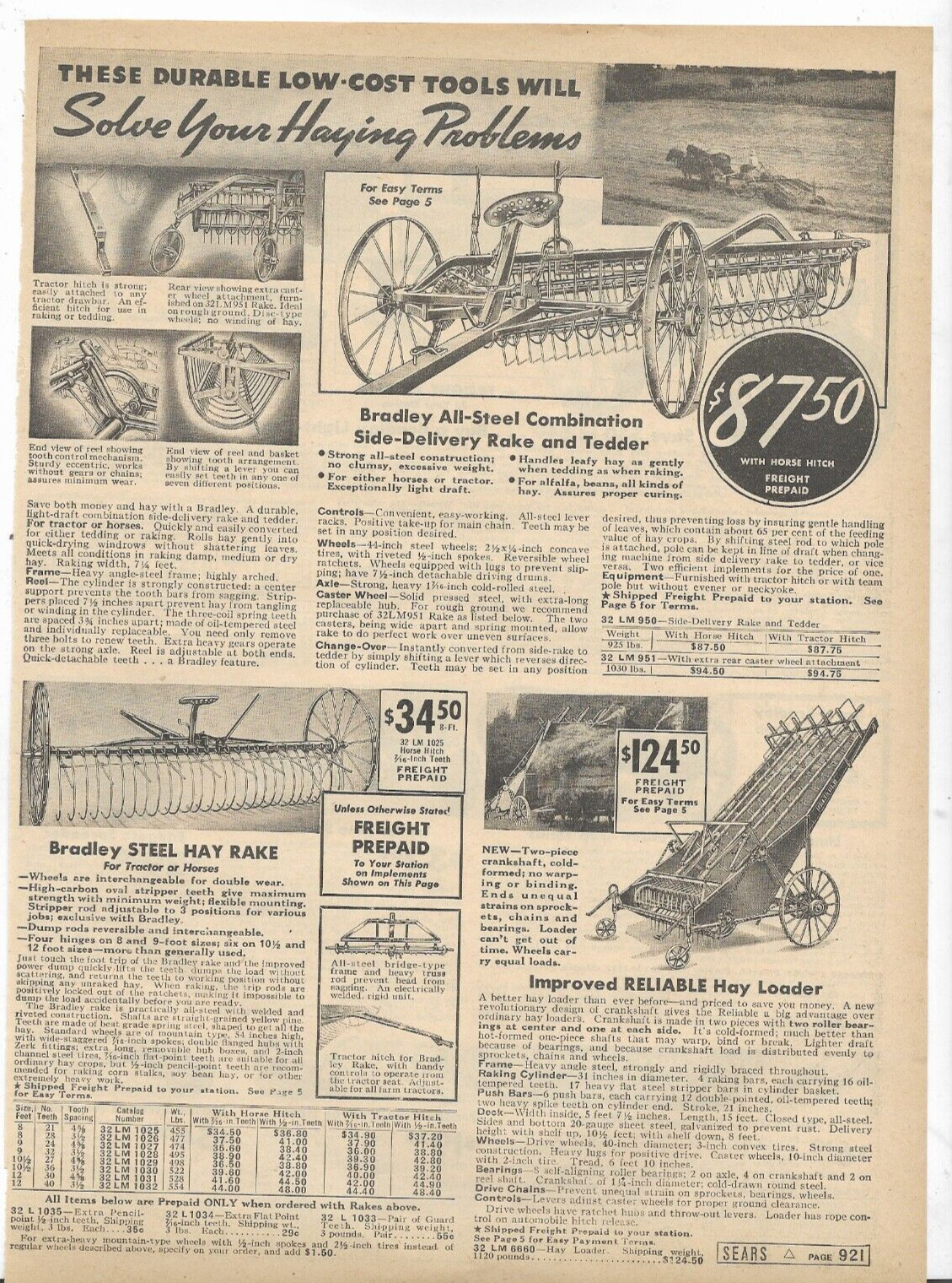 1939 Sears Catalog Ad Page DAVID BRADLEY MANURE SPREADER HAY LOADER RAKE SCRAPER