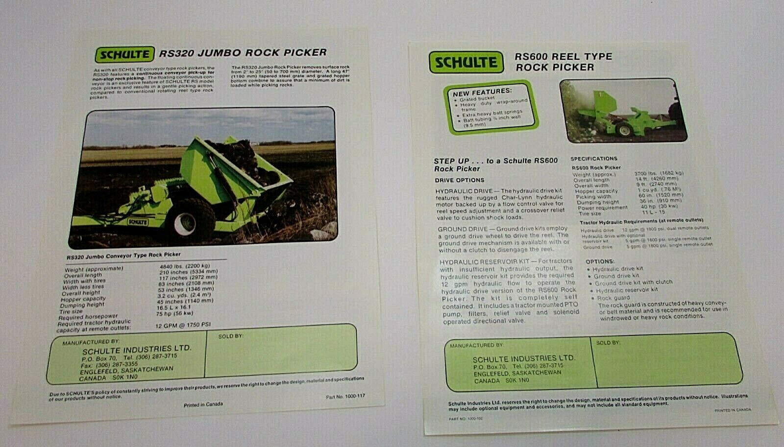Two Old 1991 Schulte Pages RS600 Reel Type and RS320 Jumbo Rock Pickers FREE S/H