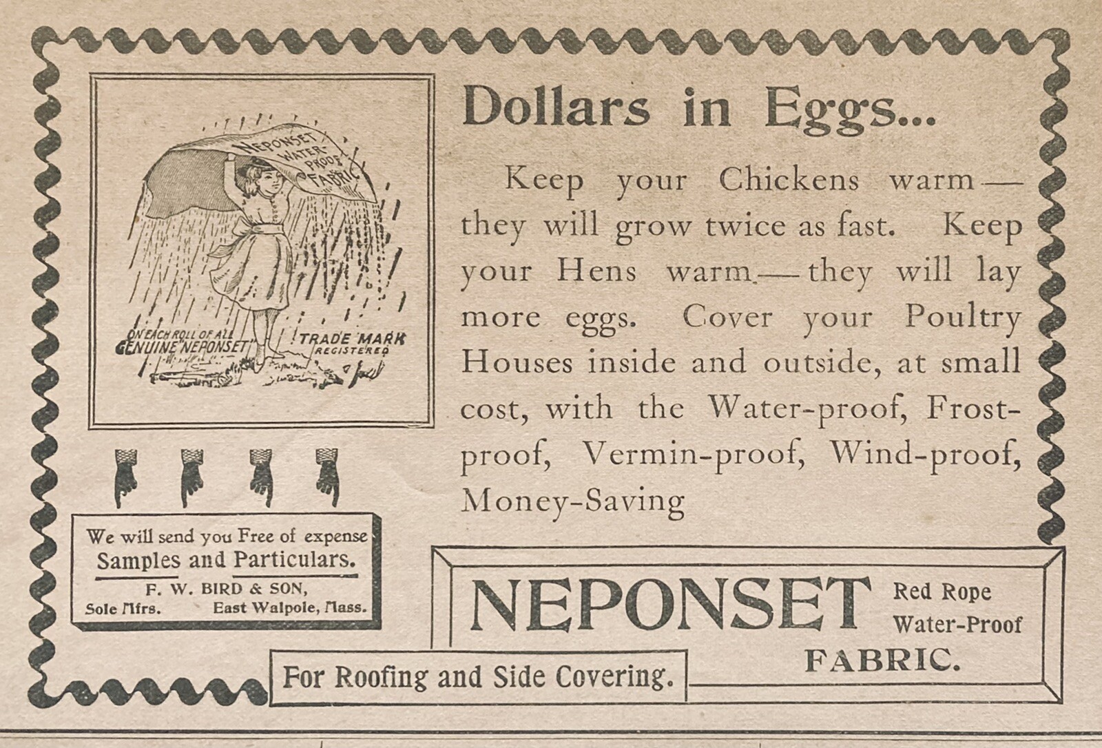 1896 AD.(XH44)~F.W. BIRD CO. EAST WALPOLE, MASS. NEPONSET WATER PROOF FABRIC