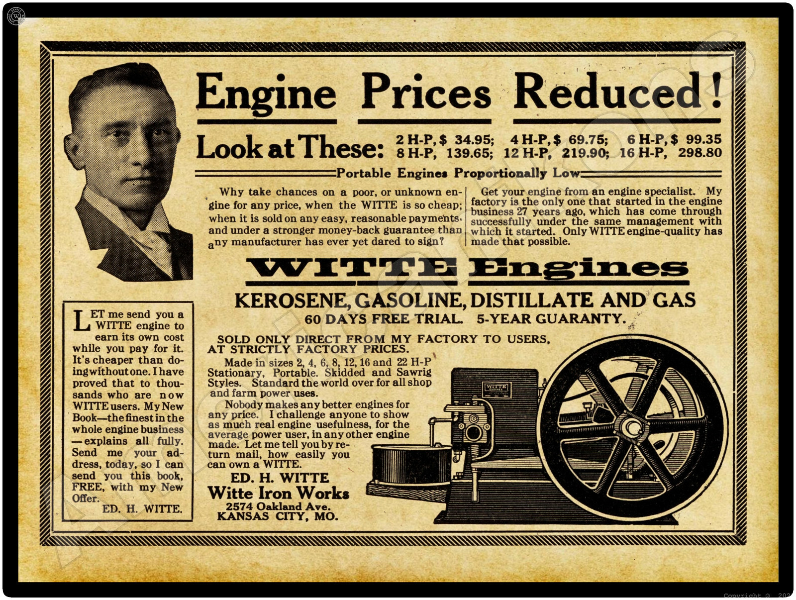 1914 Witte Iron Works New Metal Sign: Witte Engines – Kansas City, Missouri