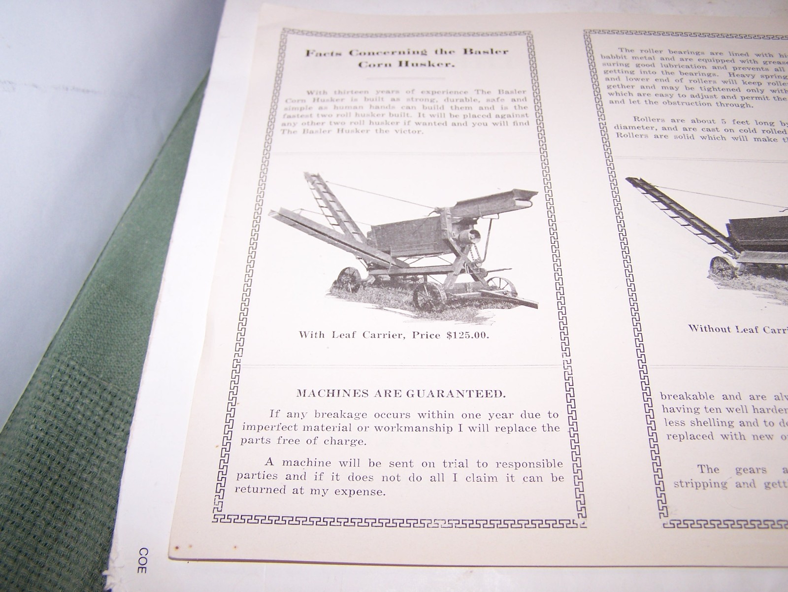 NOS WM BASLER CORN HUSKER Sales Brochure Pamphlet Allenton WI Hit Miss Engine