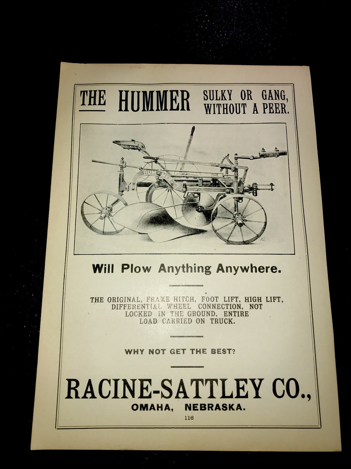 ORIGINAL 1905 Racine Sattley Hummer Plow – Omaha – Nebraska – Farm Advertising