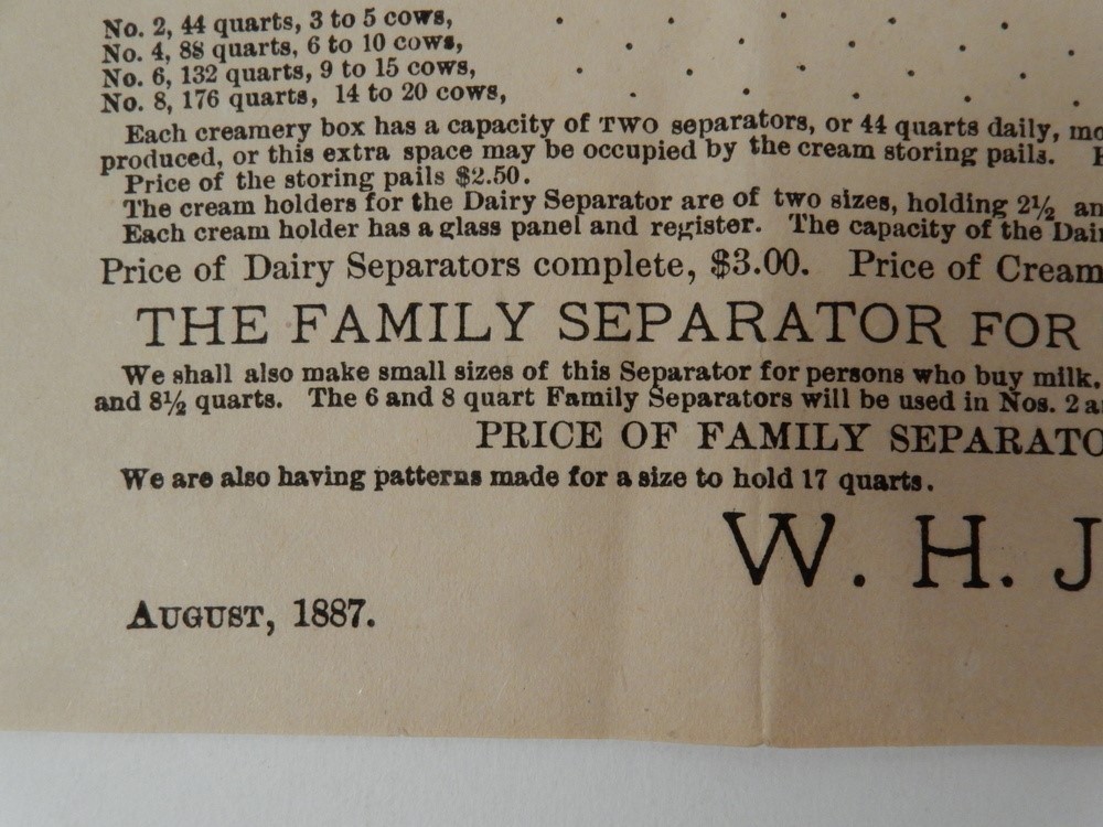 1887 JOHNSON&rsquo;s Top-Can DAIRY CREAMERY Cream Separator broadside WESTBORO MA milk