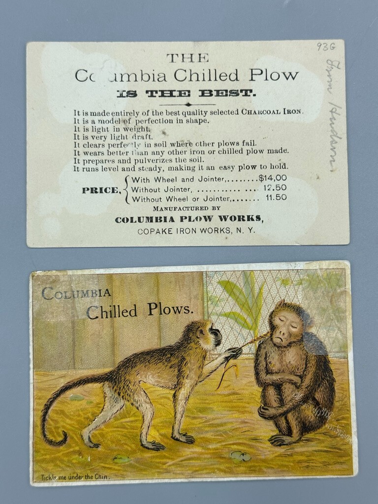 1880s COLUMBIA CHILLED PLOW Monkey FARM Advertise Trade Card COPAKE IRON WORK NY
