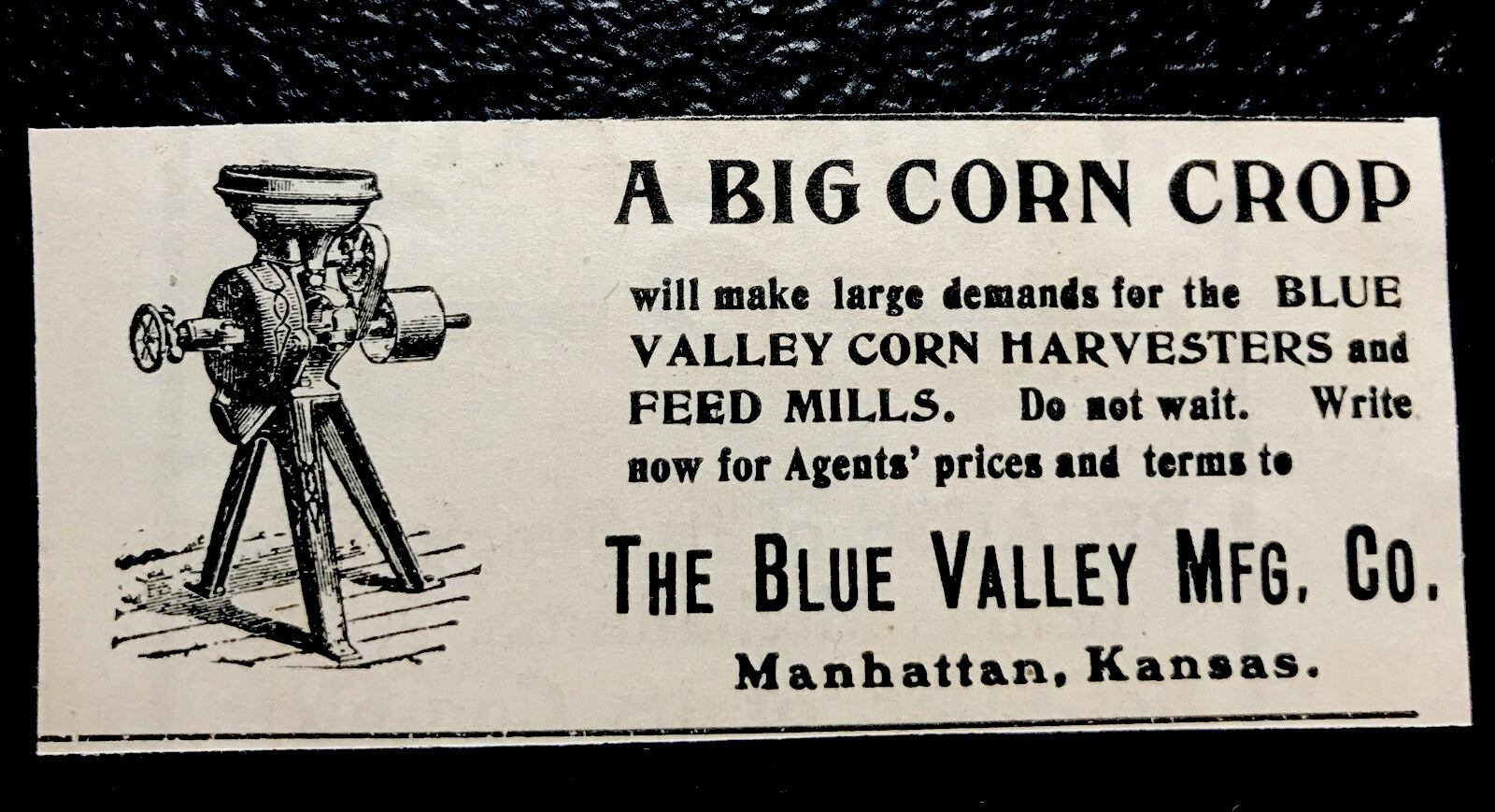 1903 The Blue Valley Corn Harvesters Farm Advertising – Manhattan – Kansas