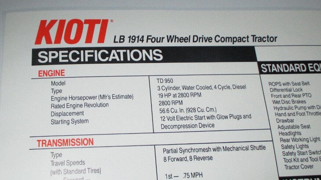 Kioti LB 1914 4WD Tractor Sales Brochure / Spec Sheet Literature