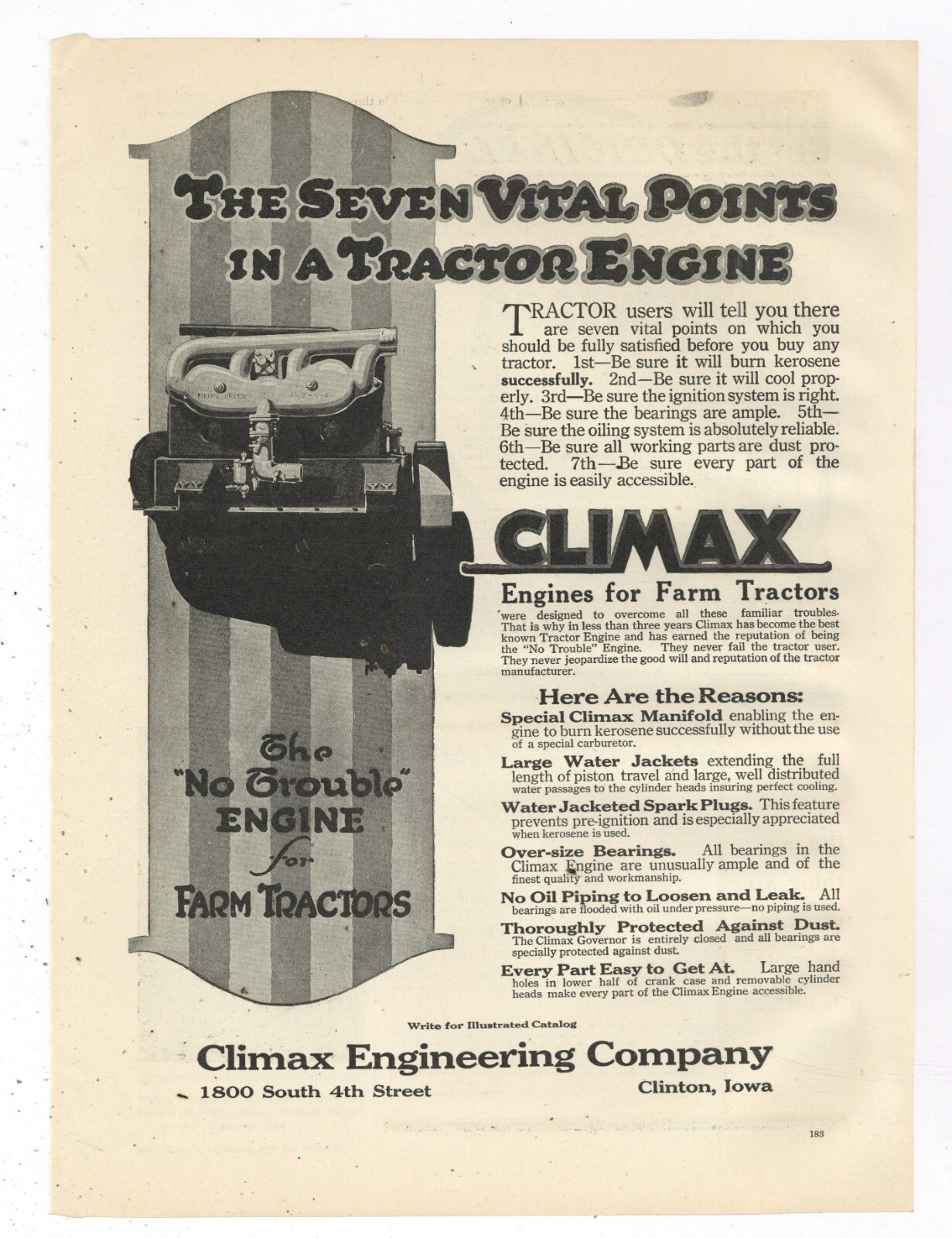 1919 Climax Engineering Ad: Engines for Farm Tractors – Clinton, Iowa