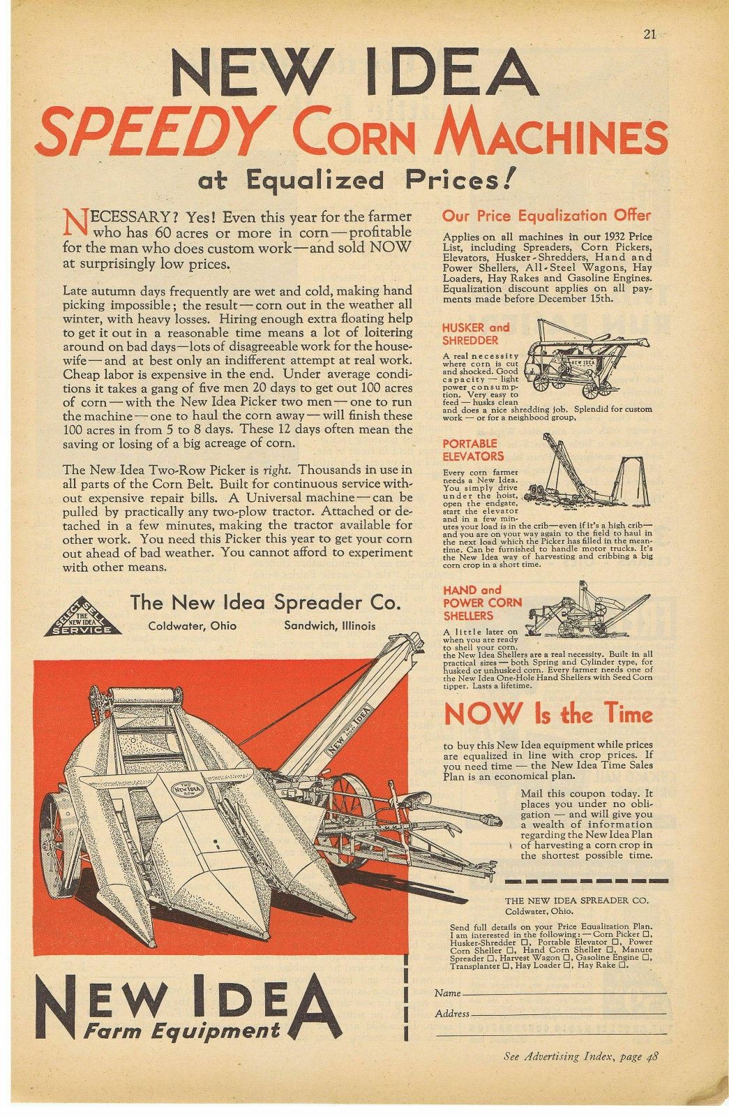 1932 New Idea Spreader Company Corn Machines Print Ad