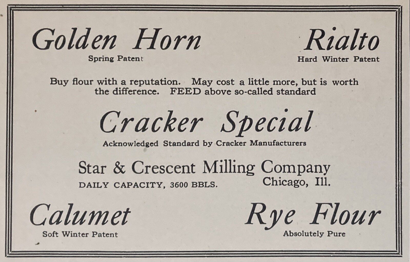 1919 AD.(XH23)~STAR & CRESCENT MILLING CO. CHICAGO. GOLDEN HORN, RIALTO FLOUR