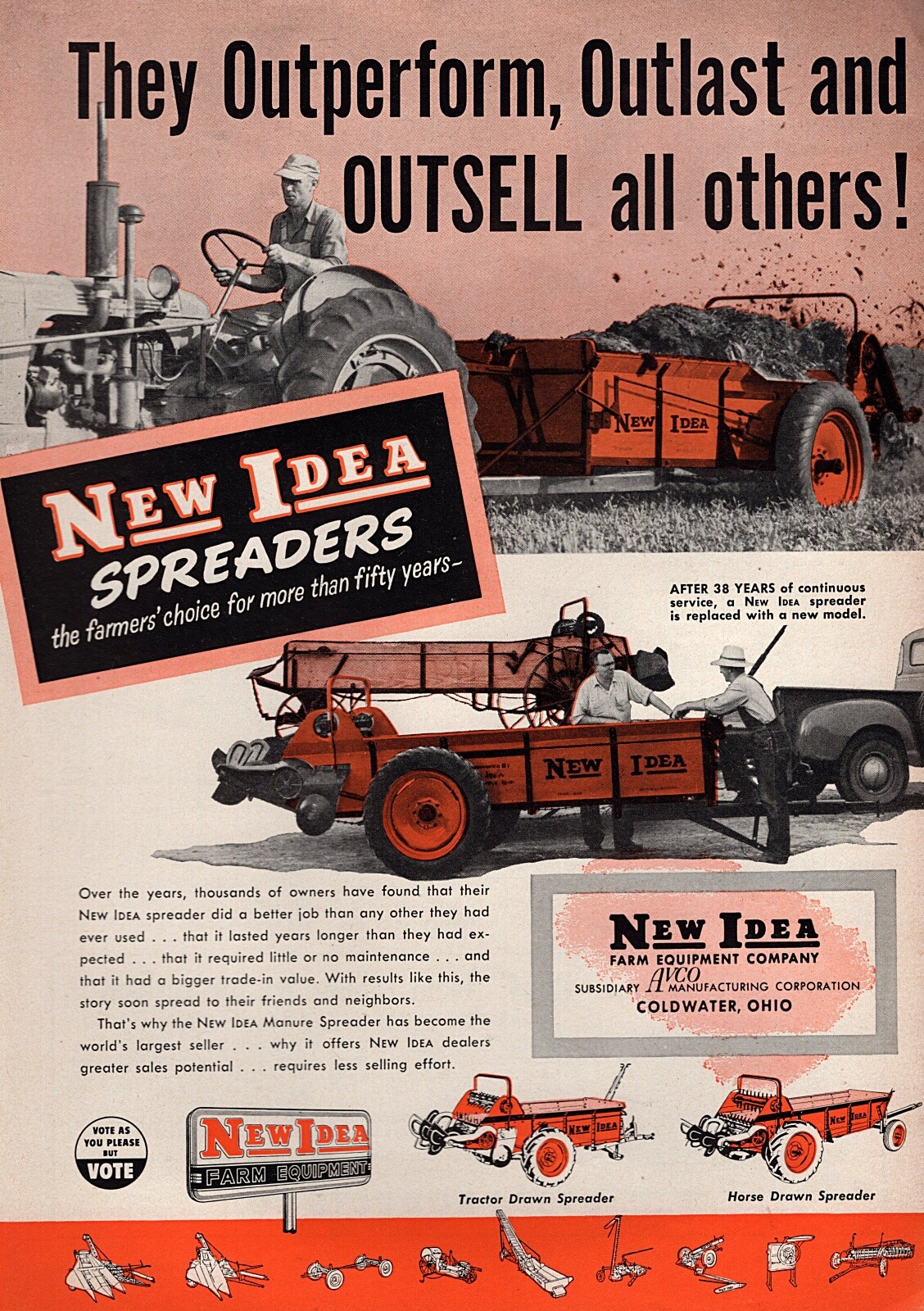 1952 New Idea Manure Spreader Tractor Implement Original Print Ad