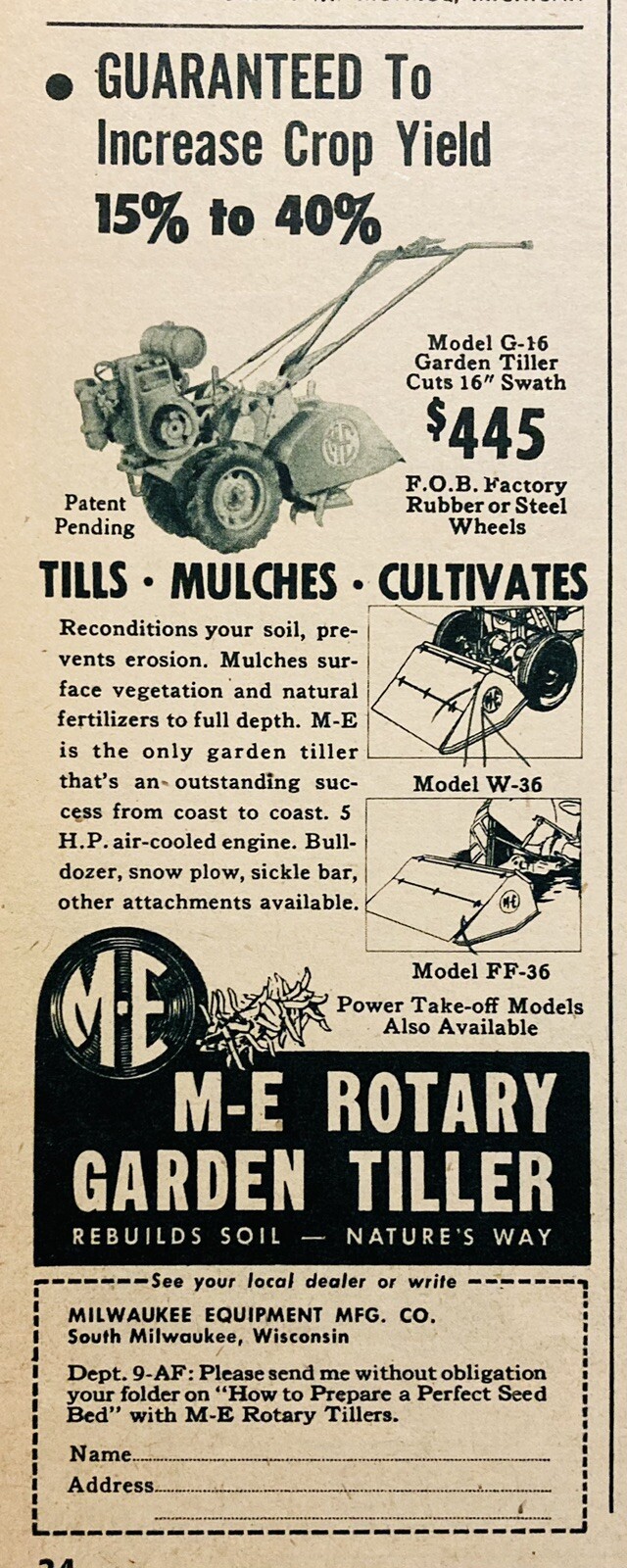 1947 AD.(XF14)~MILW., EQUIPMENT MFG. CO. M-E ROTARY GARDEN TILLER