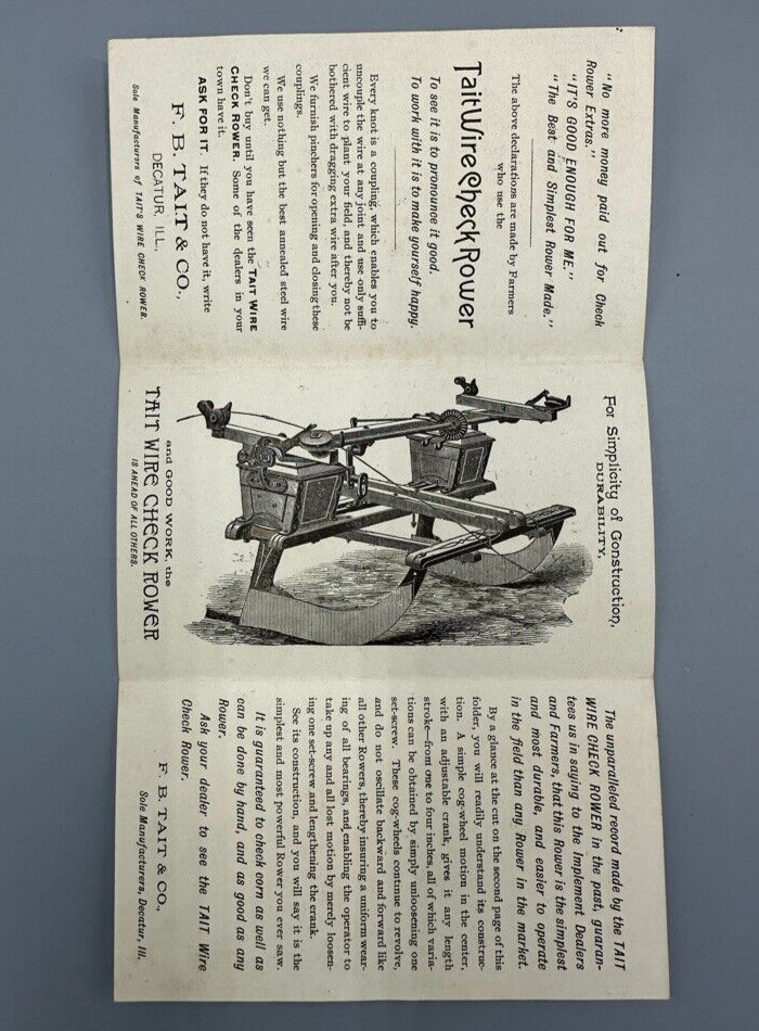 1880s TAITs WIRE Check Rower FARM Advertising Folding Trade Card DECATUR Ill