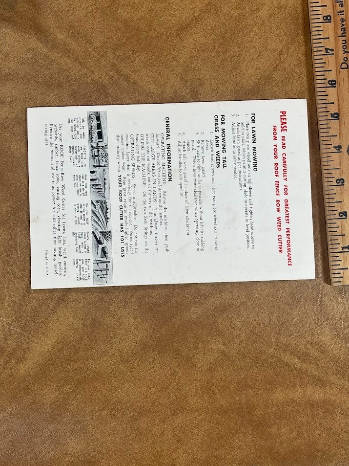1950&rsquo;s ROOF FENCE ROW WEED CUTTER Instructions Pontiac, Illinois