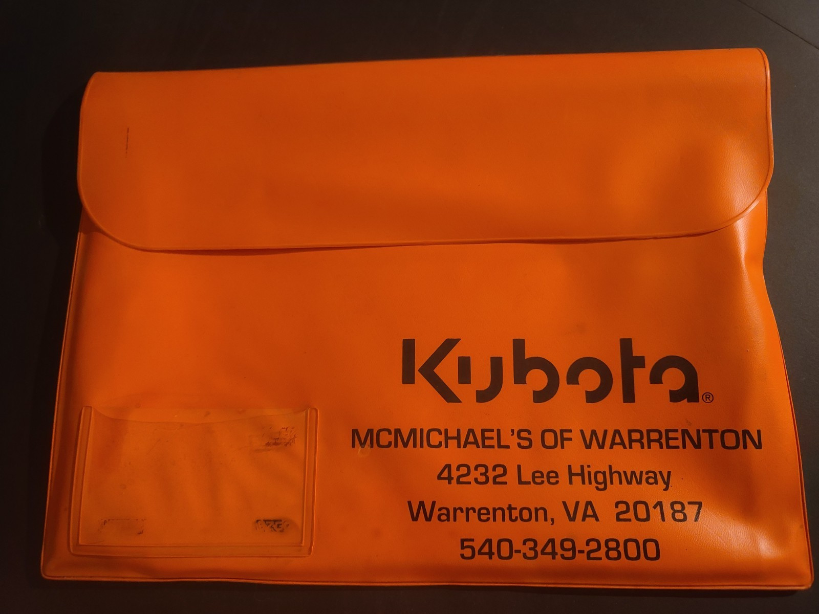 Mcmichaels of Warrenton VA Kubota Dealer Vinyl Paper Document Manual Holder