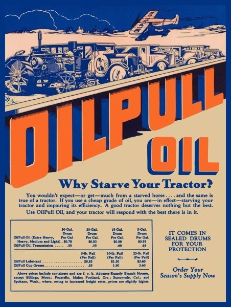 Rumely Oil Pull Engine Oil -Don&rsquo;t Starve Your Tractor! NEW Sign 24×30&Prime; USA STEEL