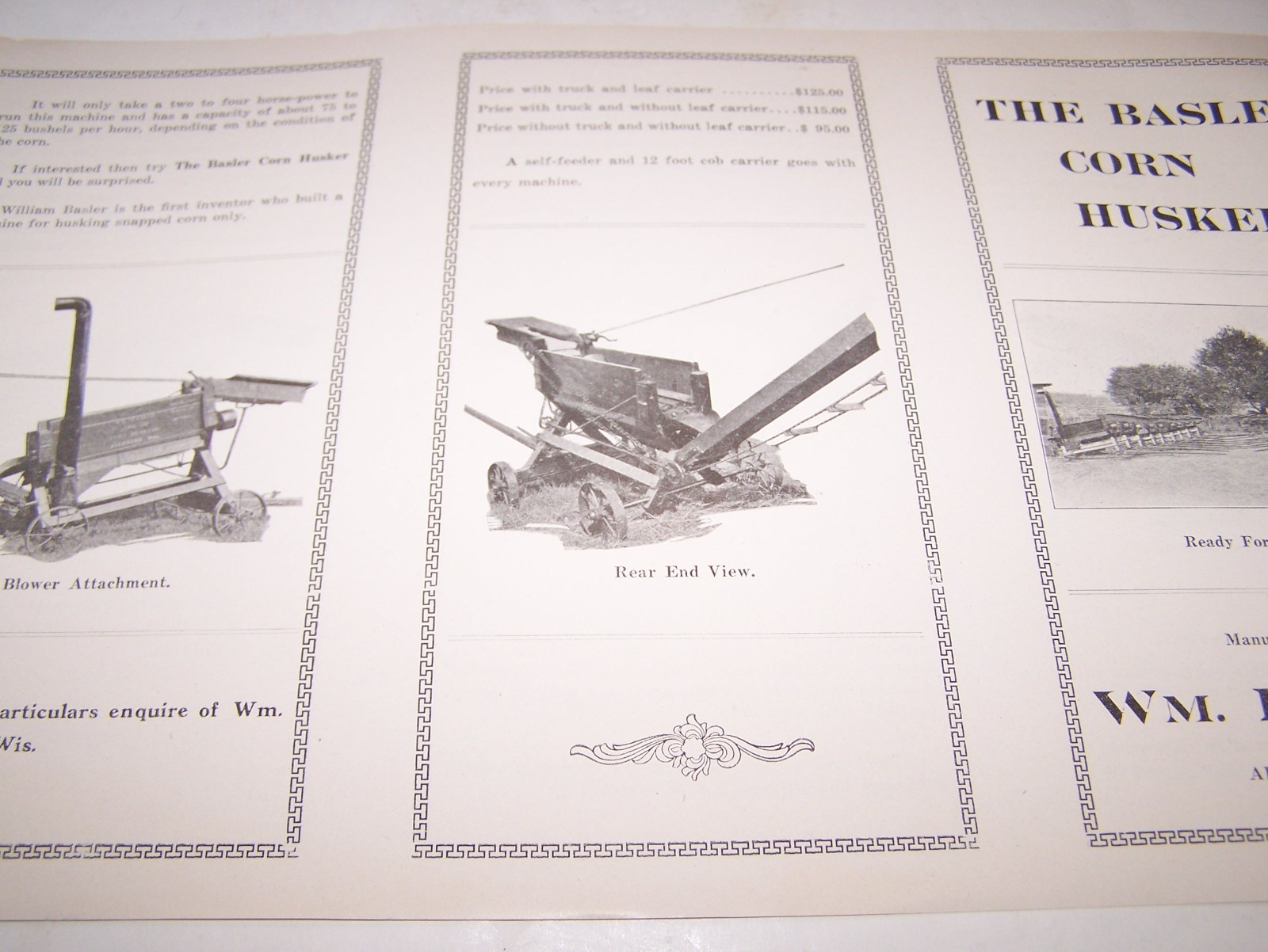 NOS WM BASLER CORN HUSKER Sales Brochure Pamphlet Allenton WI Hit Miss Engine