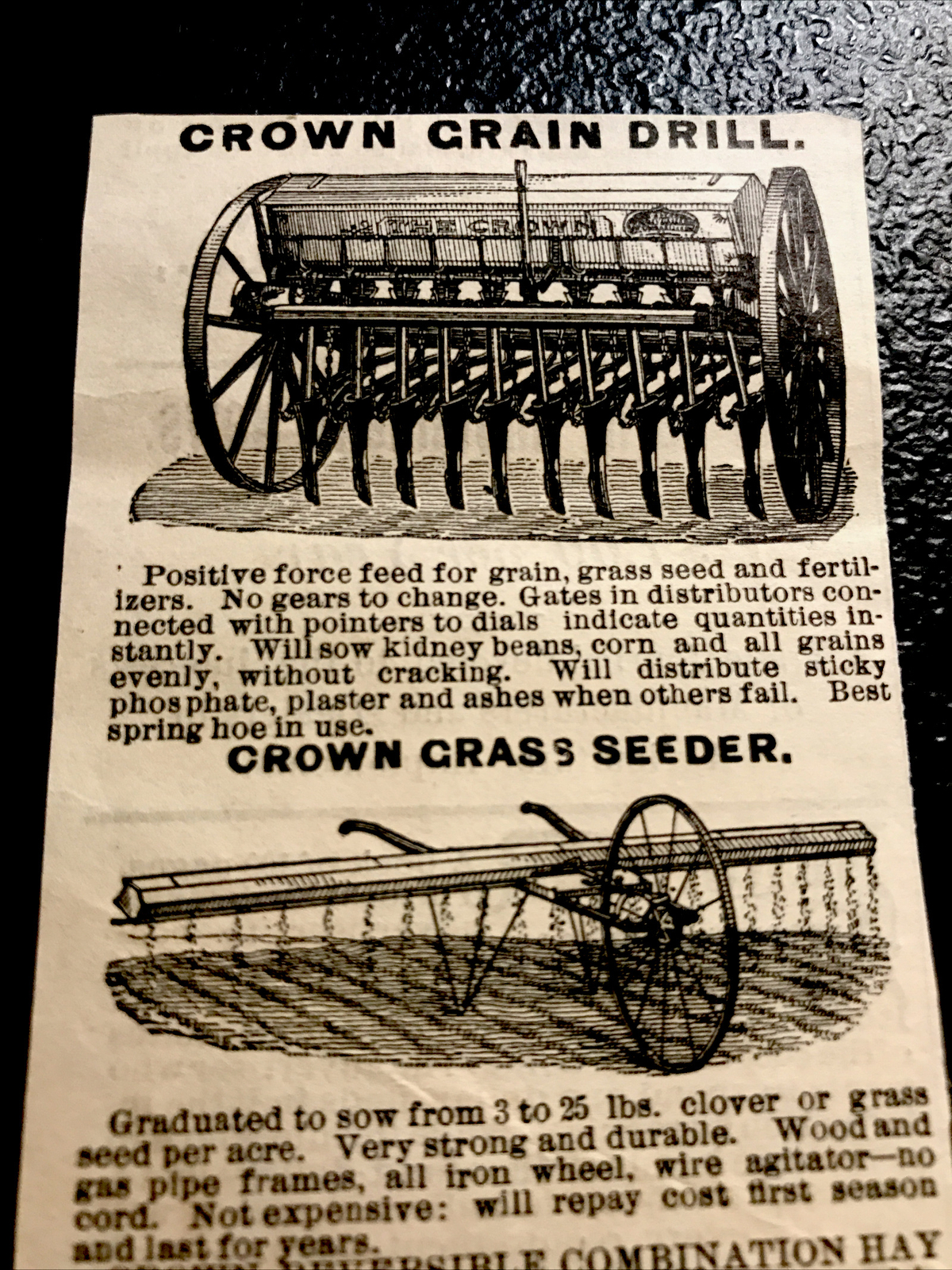 1886 Crown Grain Drill Farm Engraving Advertising – Phelps – New York