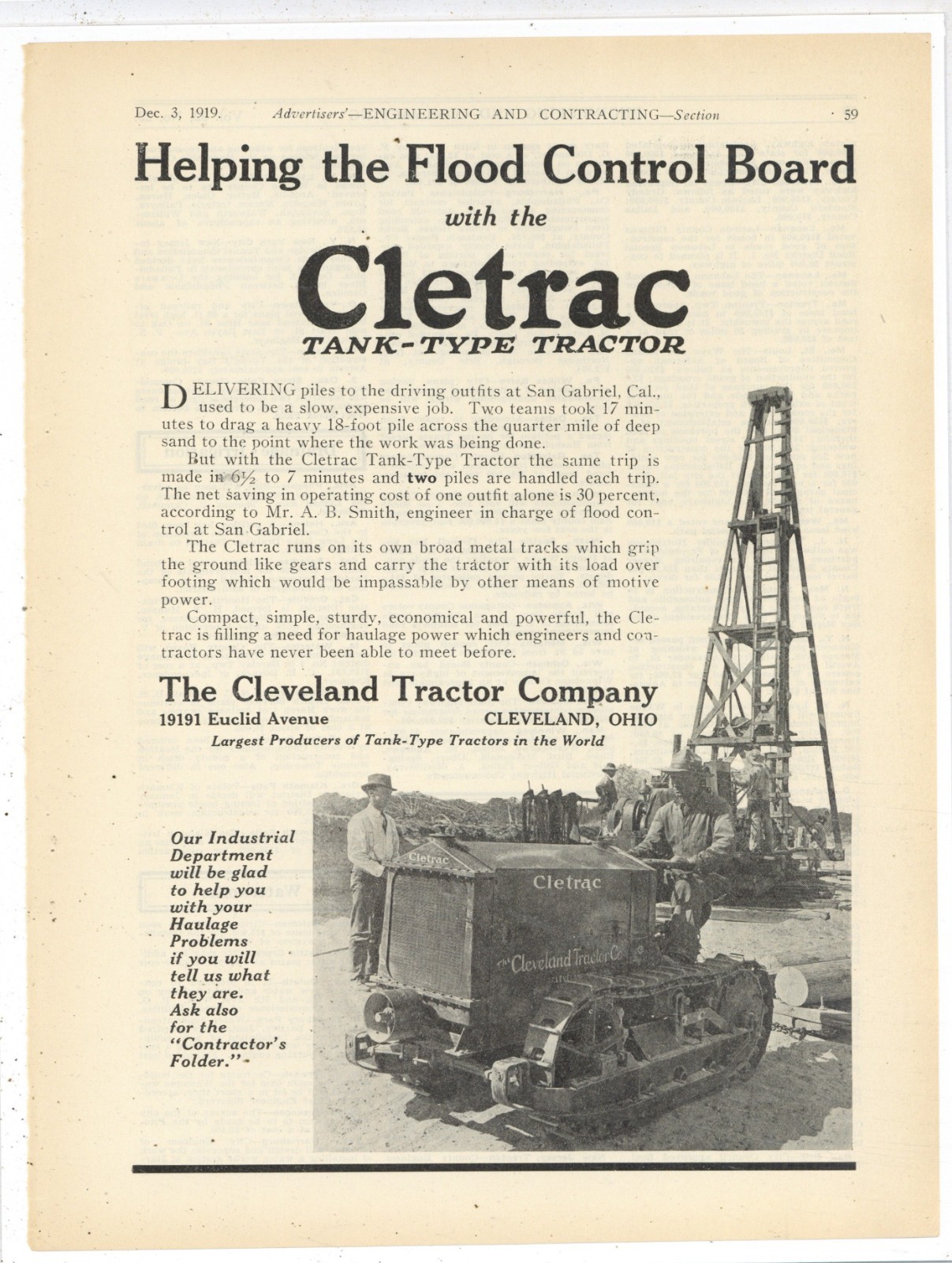1919 CLETRAC Tractor Ad: Working w. Flood Control San Gabriel California