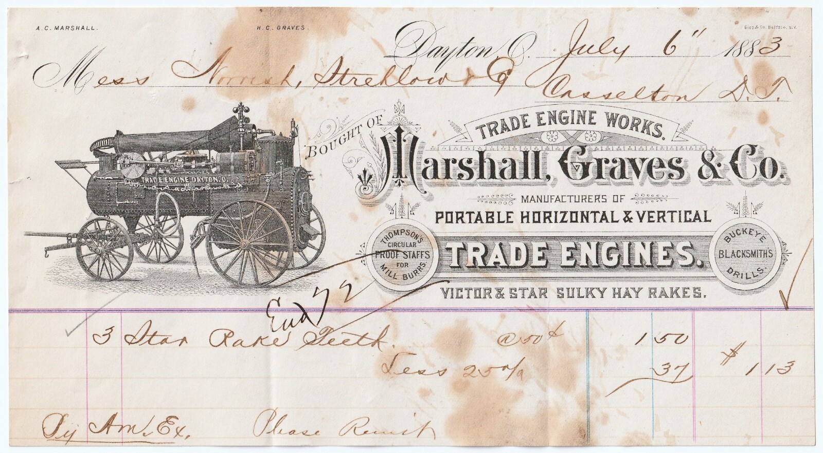 RARE – Marshall Graves Co – Trade Engine Works 1883 Bill letter head Dayton Ohio