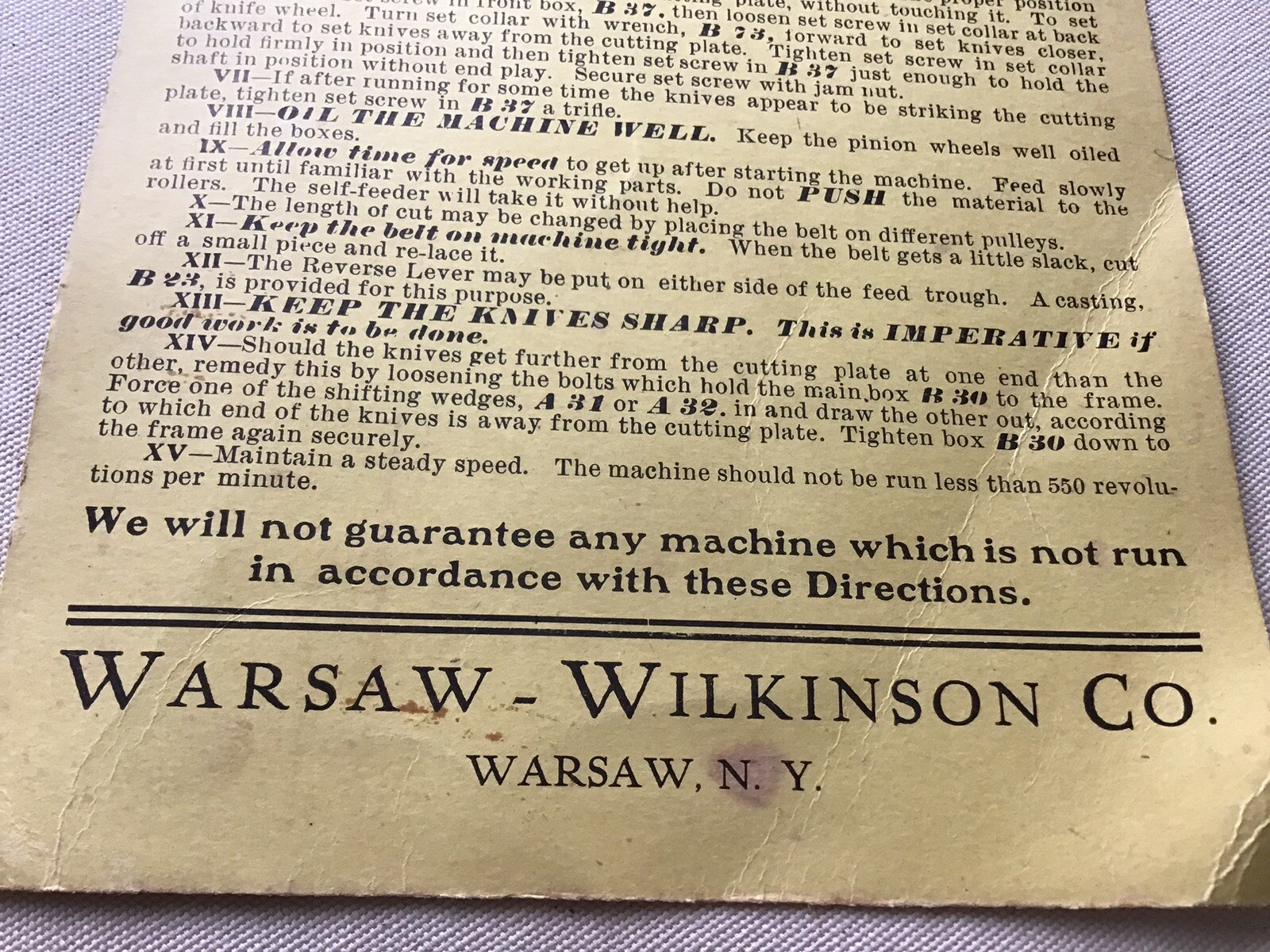 Vintage Cardboard Directions For Climax « B » Warsaw-Wilkinson Ensilage Cutters