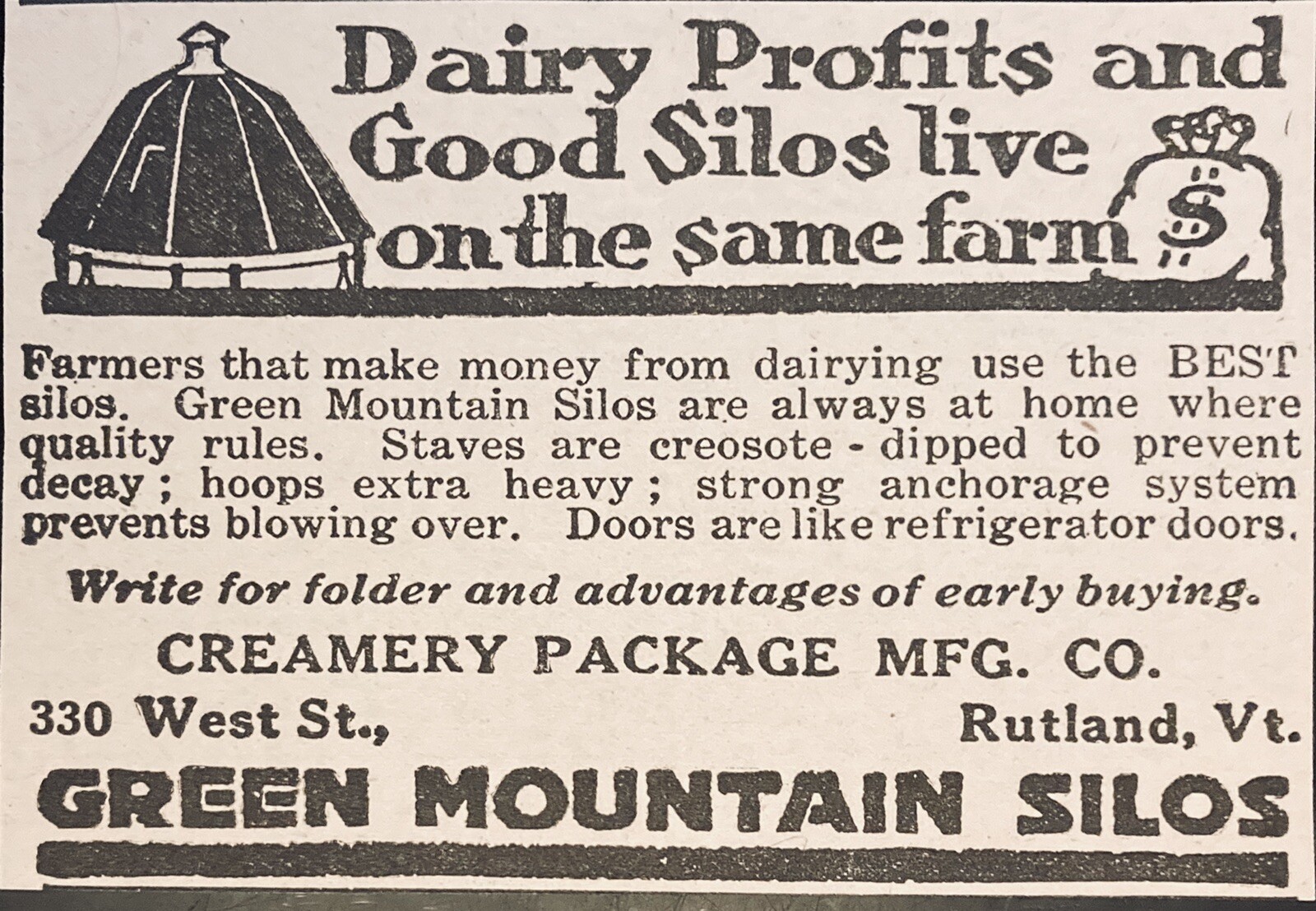 1919 AD.(XG3)~CREAMERY PACKAGE MFG. CO. RUTLAND, VT. GREEN MOUNTAIN SILOS