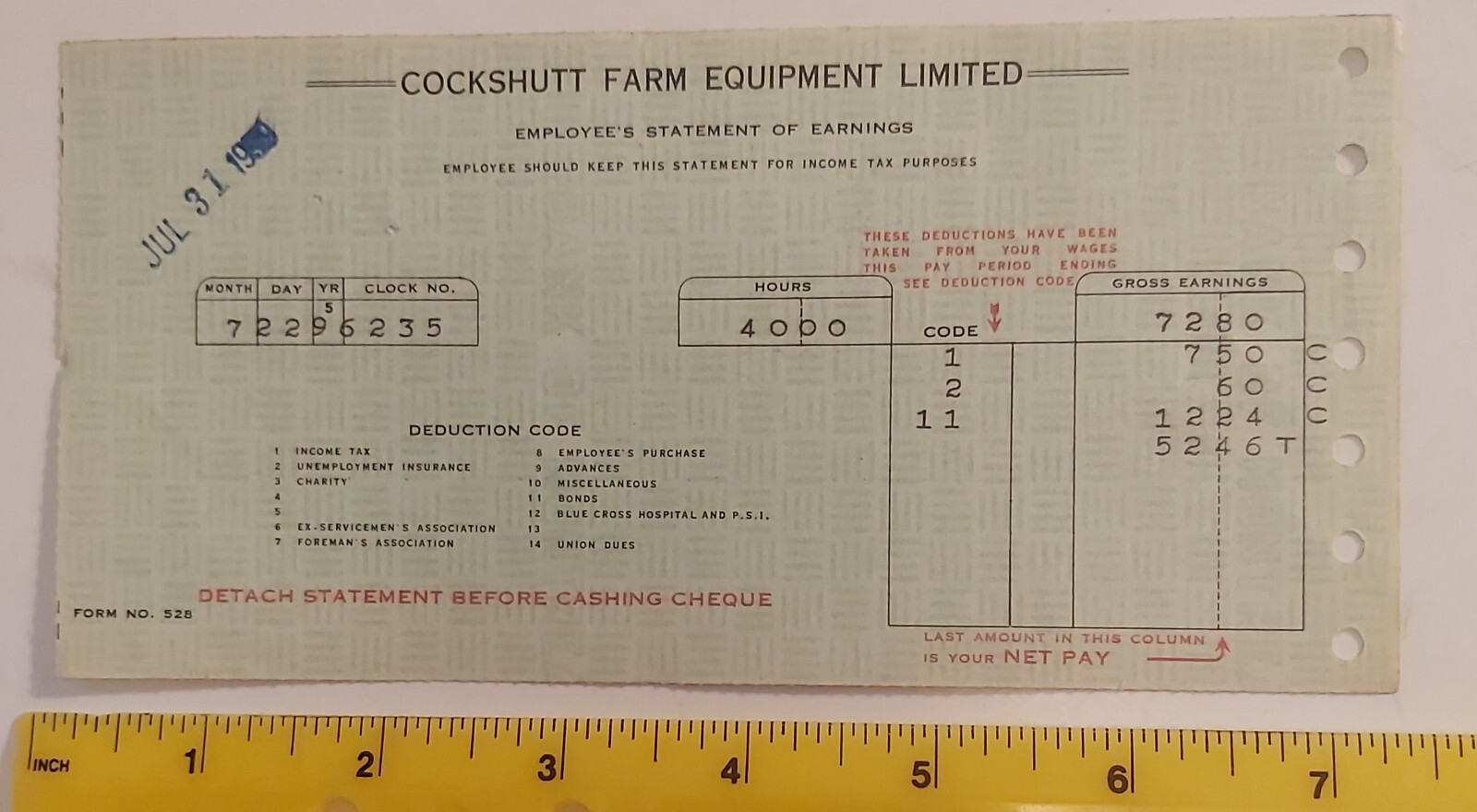RARE VTG (BRANTFORD,ONT) « COCKSHUTT CO. 1959 EMPLOYEE PAY STUB/RECEIPT » STYLE #2