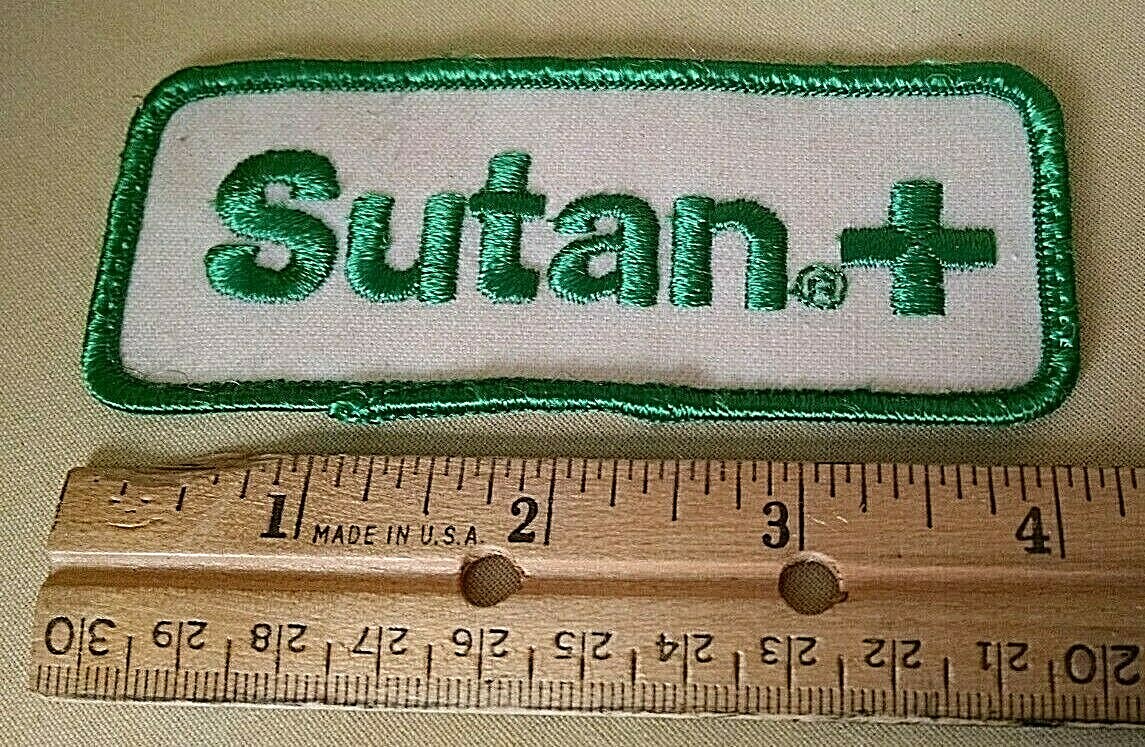 SUTAN PATCH GREEN TRIM LETTERING WHITE BACKGROUND VINTAGE HERBICIDE USED SUTAN+.