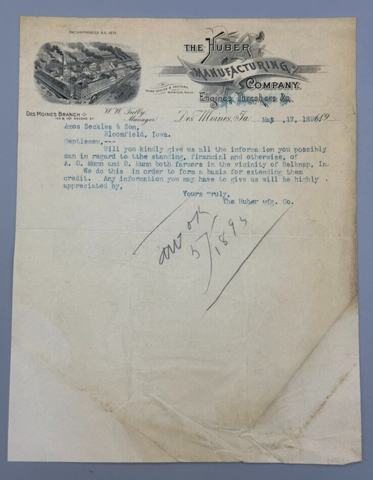 1895 HUBER THRESHERS ENGINES Farm Machinery Advertising Letterhead DES MOINES IA