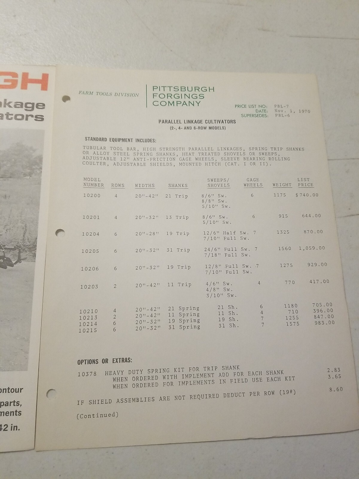 1970 PITTSBURGH FORGINGS CO. Parallel Linkage CULTIVATOR BROCHURE & PRICE LIST