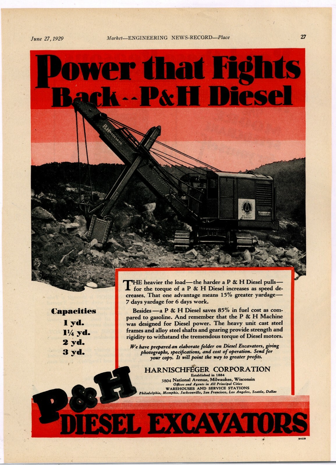 1929 P & H Harnischfeger Ad: Diesel Excavator at Work – Milwaukee, Wisconsin