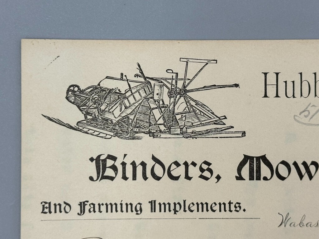 1895 FARM Machinery HUBBARD & TYNER Advertising Letterhead WABASH Indiana Antiq