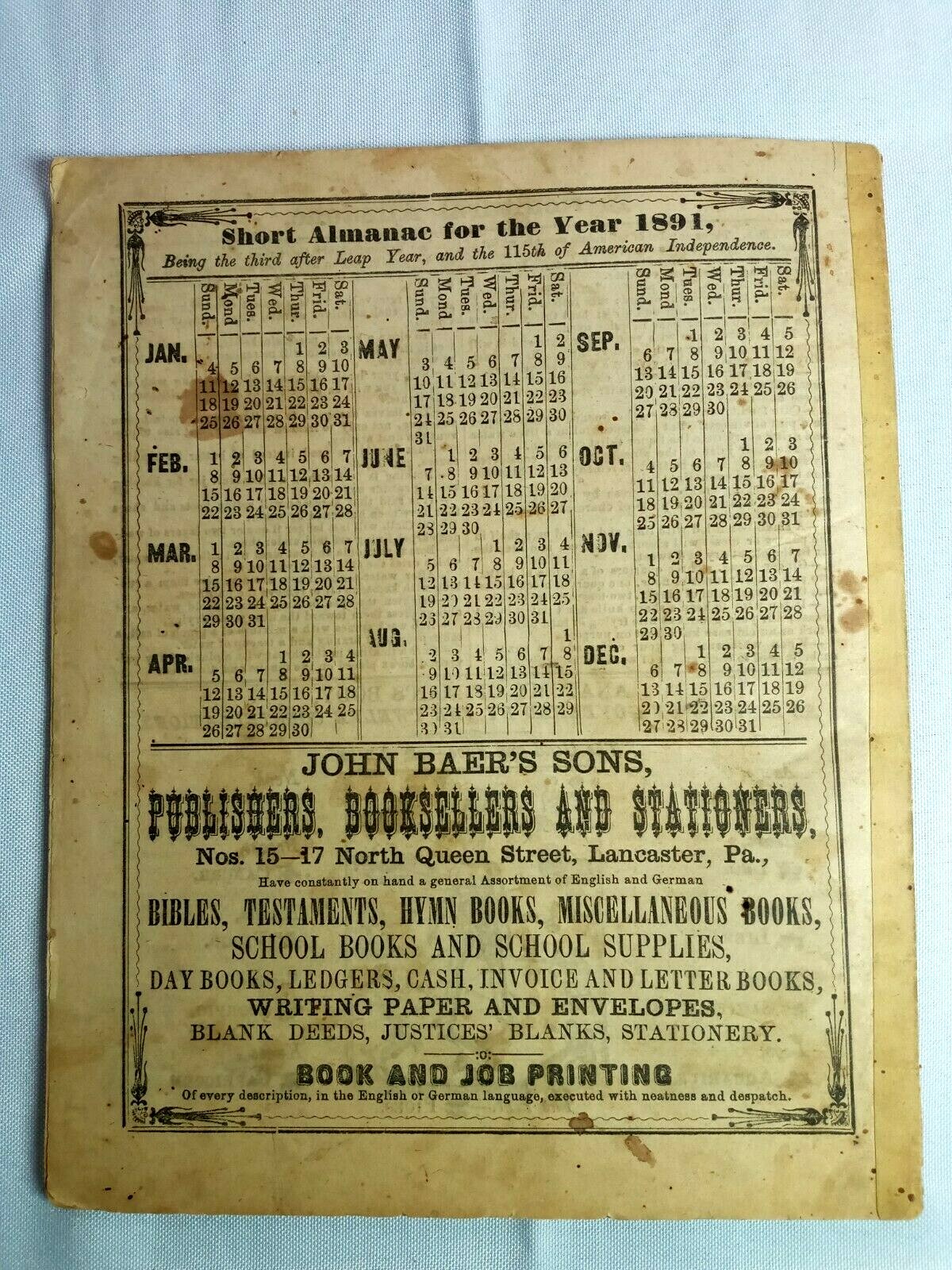 1891 John Bear Baer&rsquo;s Agricultural Almanac Lancaster, PA Antique Farmers Vintage