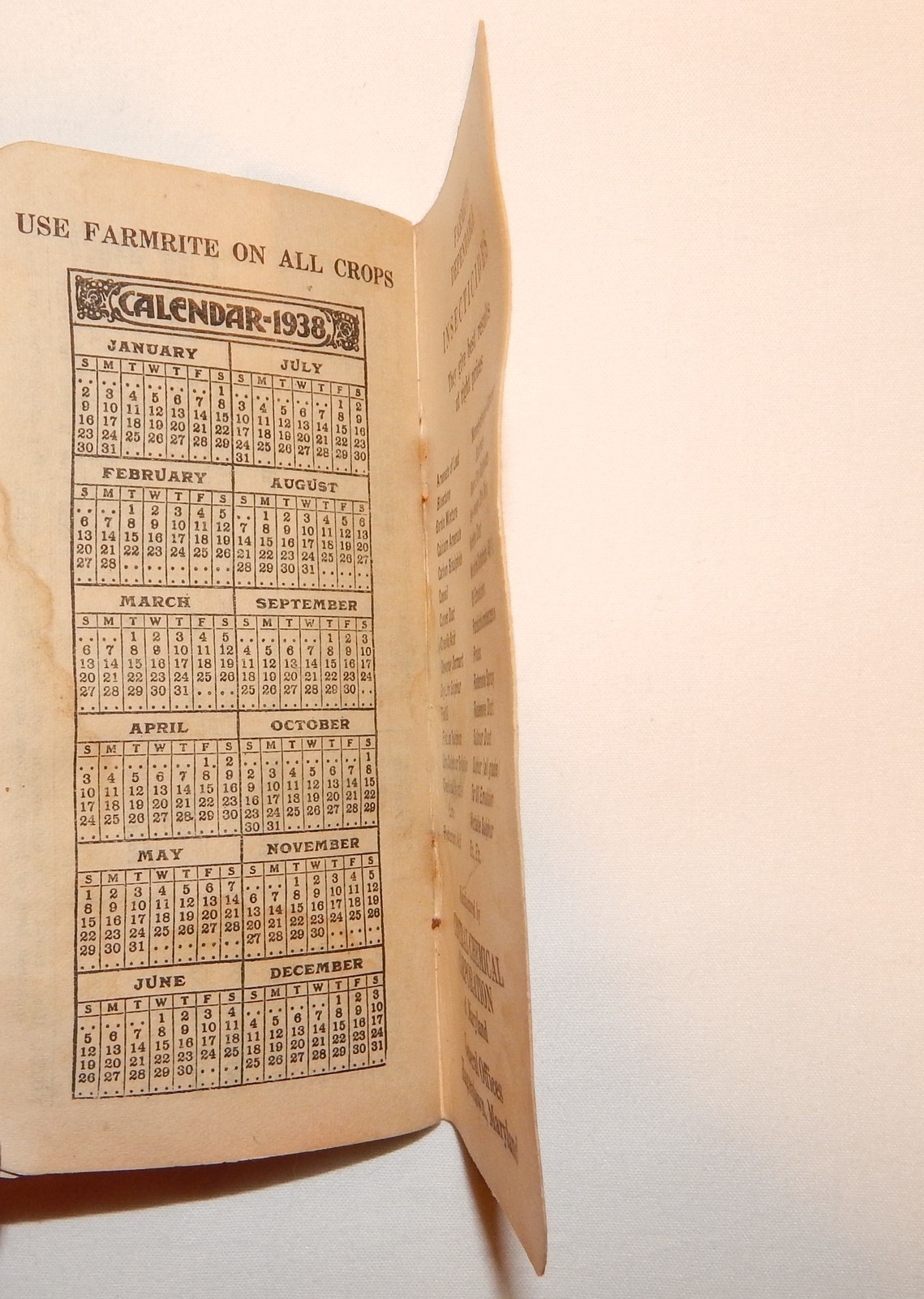 1938 FARMRITE BOOK*ANTIQUE FARM COUNTRY AD*MD MARYLAND CENTRAL CHEMICAL*CALENDAR