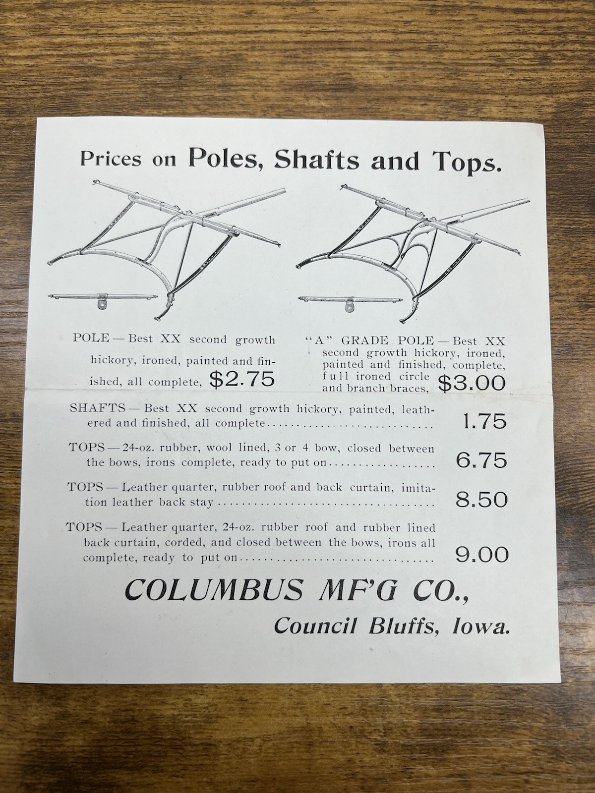 1890s Council Bluffs Iowa Columbus Mfg Co. Buggy Carriage Pole Parts Flyer Ad