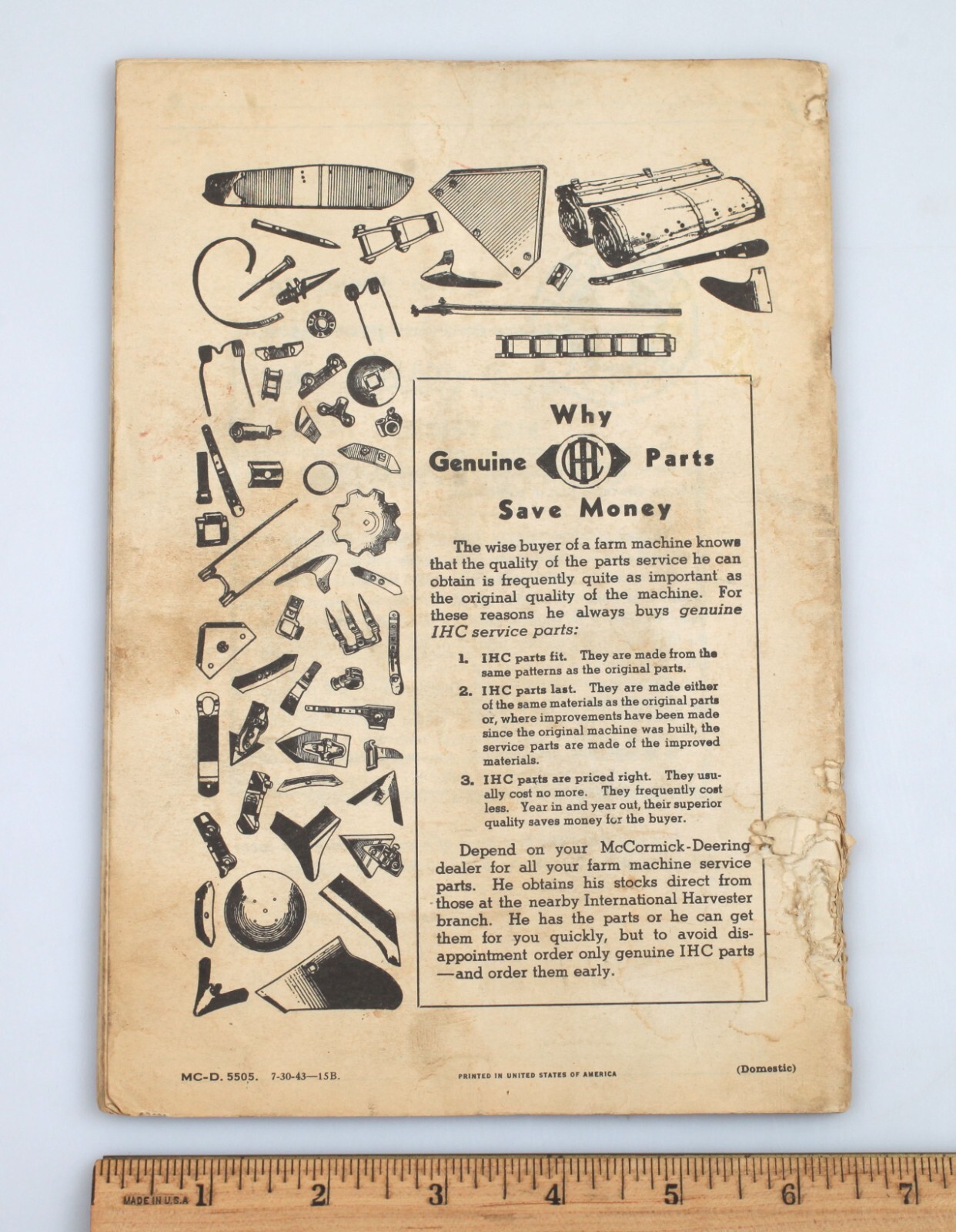 Vintage 1943 McCormick Deering Farmall Cultivator No. HM-240 Owners Manual IH