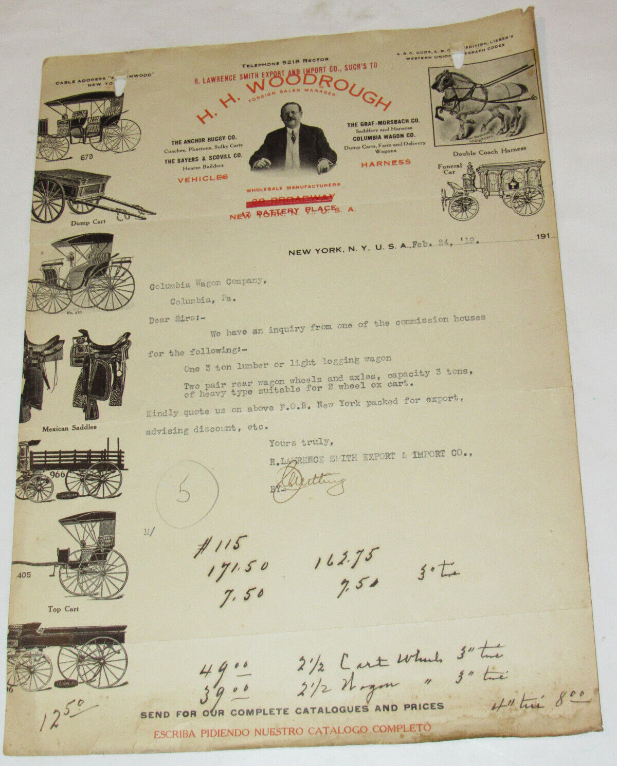 VTG 1919 IMPORT/EXPORT CO LETTERHEAD! FUNERAL CAR/MEXICAN SADDLE/COLUMBIAN WAGON