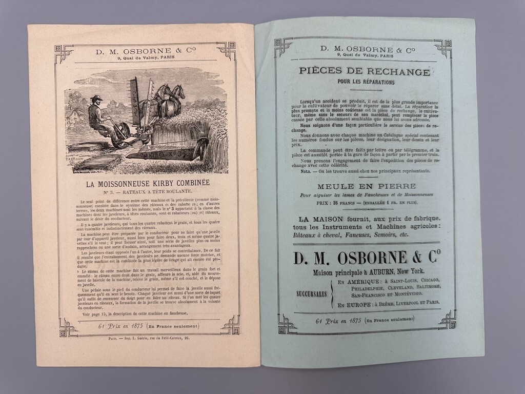 1876 DM OSBORNE Farm MOWER Harvester ADVERTISING French Catalog Antque AUBURN NY