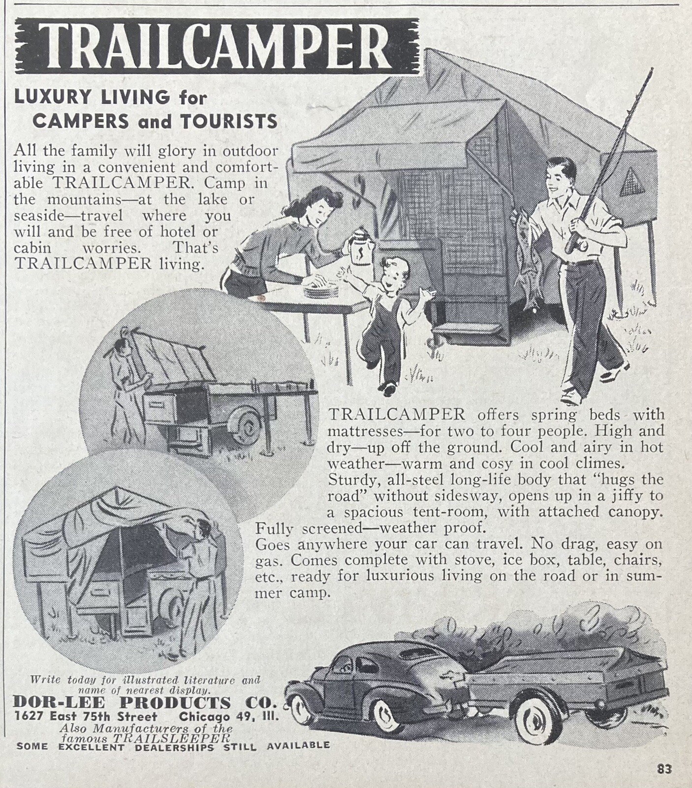 1947 AD.(XH2)~DOR-LEE PRODUCTS CO. CHICAGO. OUTDOOR LIVING TRAILCAMPER