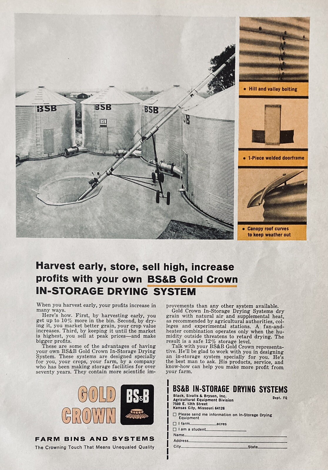 1964 AD.(XH38)~BLACK, SIVALLS & BRYSON CO. KANSAS CITY. BS & B GOLD CROWN BINS